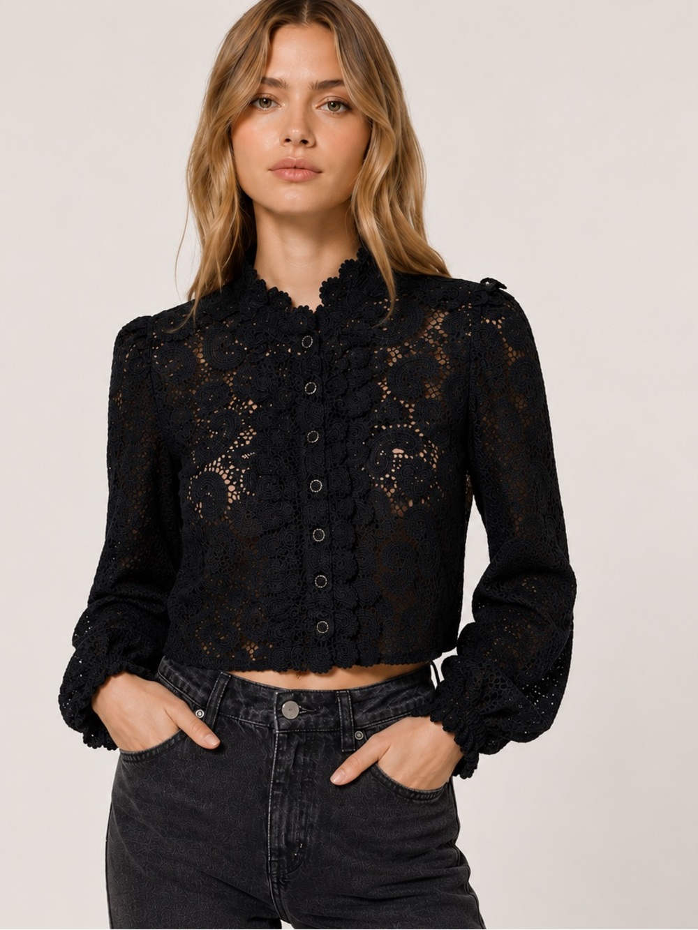 The Kooples Cropped Lace Button-Up Cardigan Black Ruffles Jacket XS Classic Top